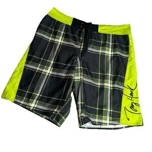 Tony Hawk Board Shorts Mens Sz 34 Neon Green Black Plaid Swim Trunks Skate‎ 21"